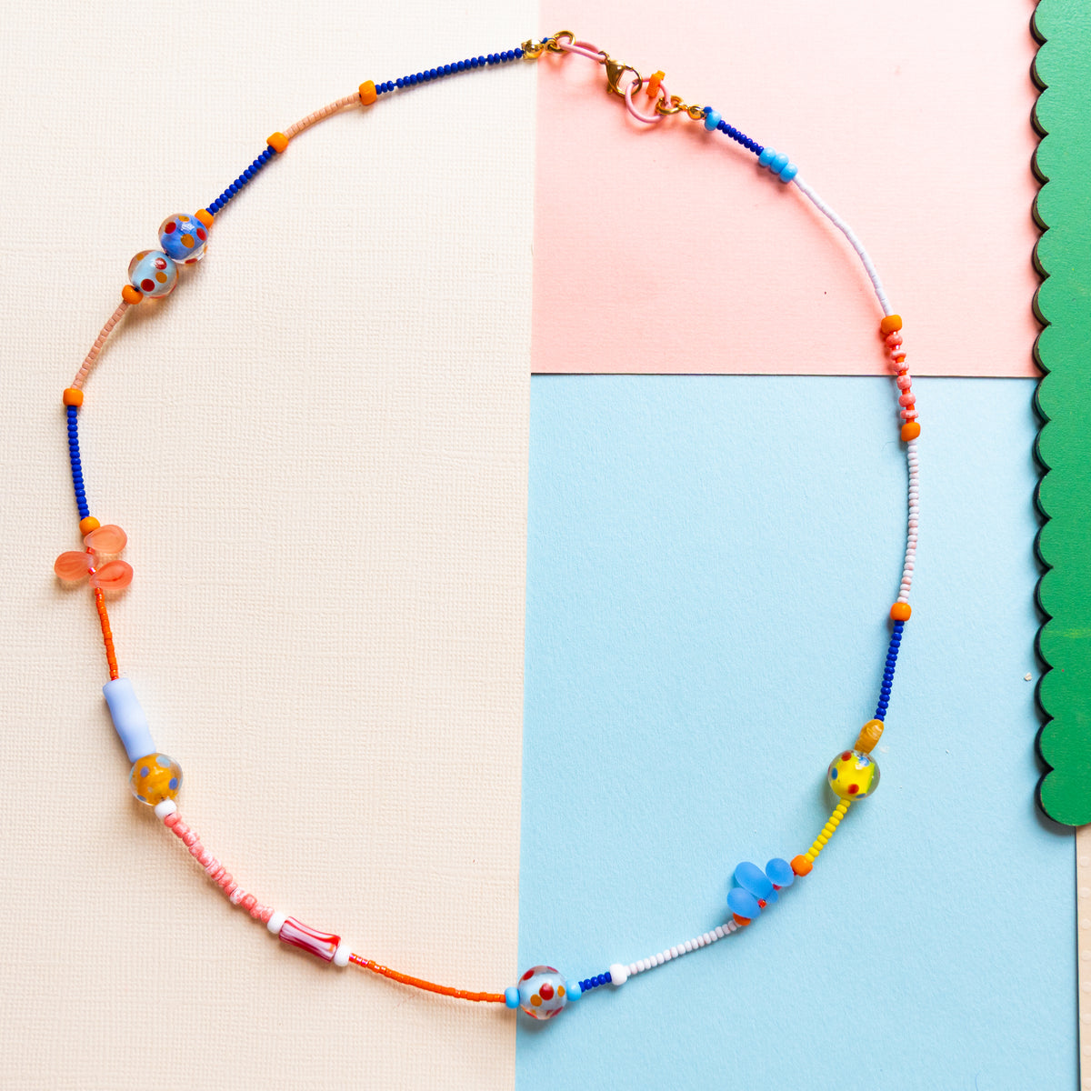 Blue And Coral Beaded Necklace