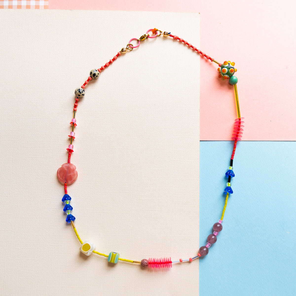 Pink, Coral And Blue Beaded Necklace