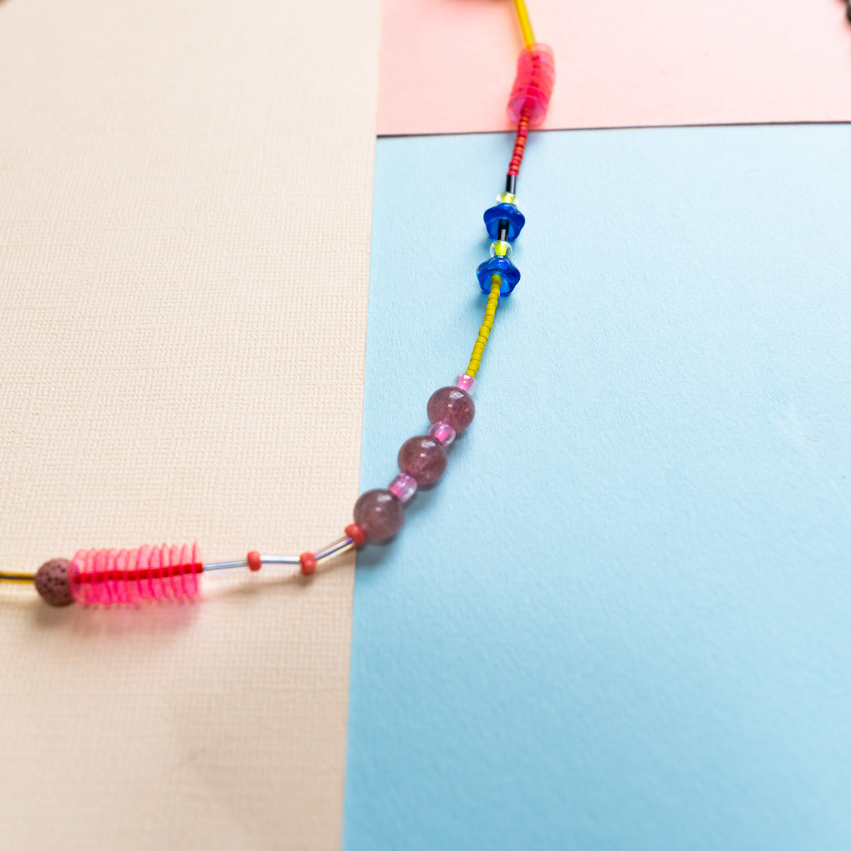 Pink, Coral And Blue Beaded Necklace