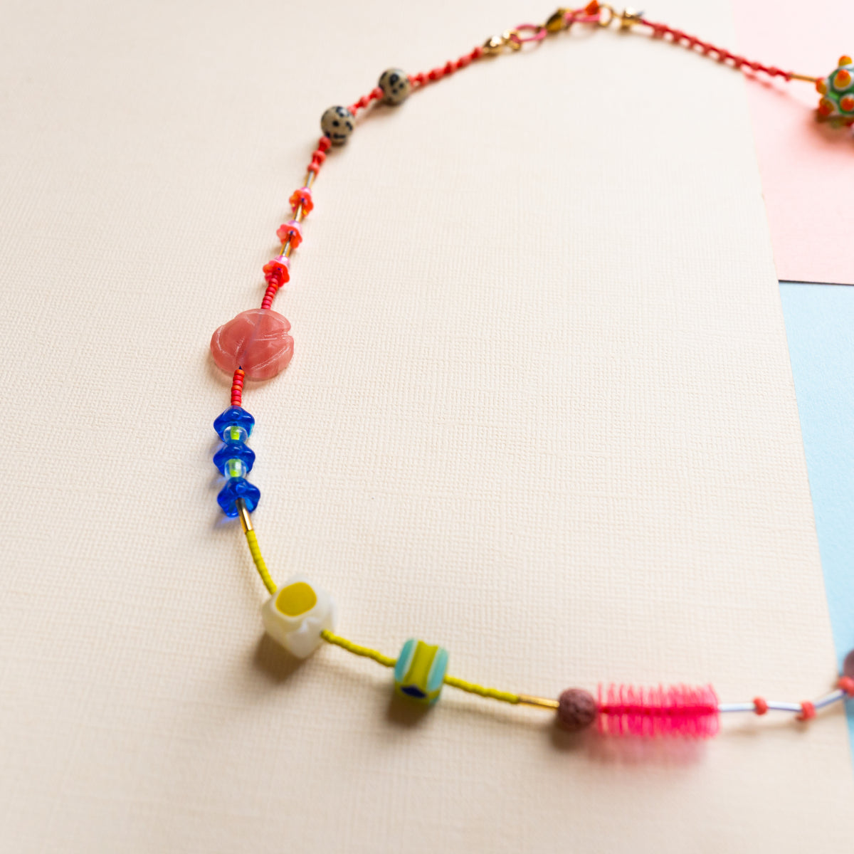 Pink, Coral And Blue Beaded Necklace